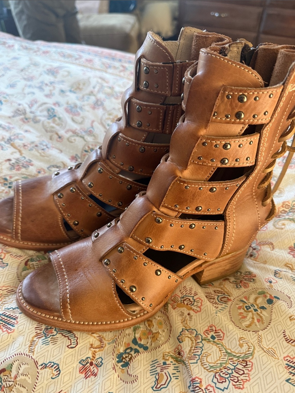 Freebird by Steven GHOST Tan Cutout Studded Heeled Boots 6